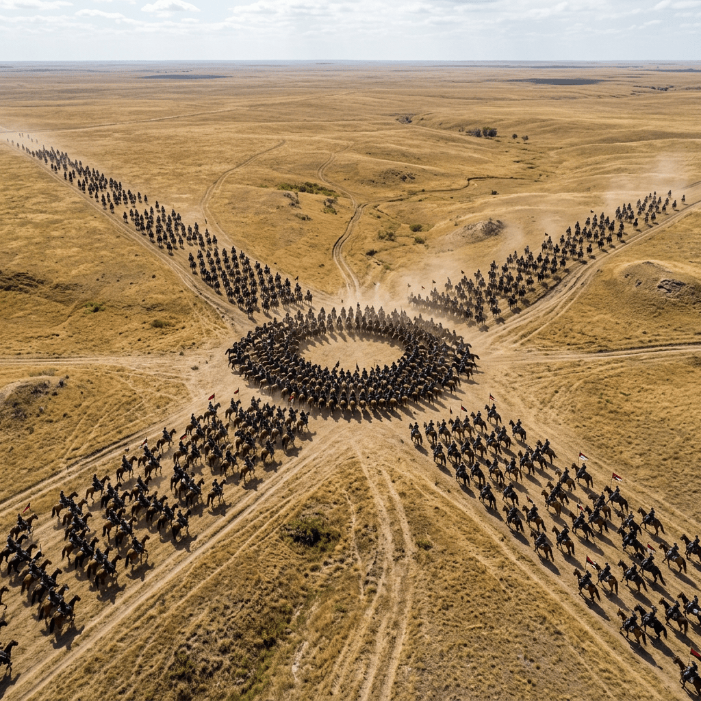 Aerial view of horsemen forming a circle across a golden steppe